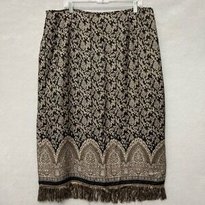 VTG Tapestry Skirt Women's 20W Black & Tan Floral Lined Elastic Waist Fringed